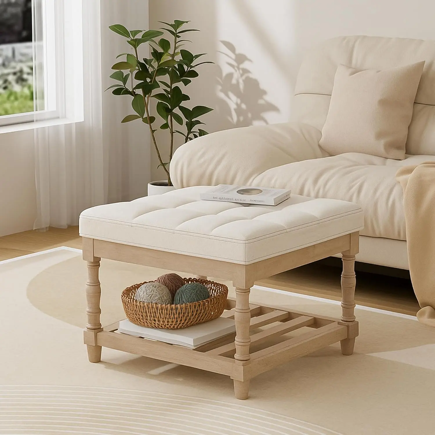 UEV 3-in-1 Mid-Century Modern Square Ottoman Coffee Table Footstool - Upholstered Tufted Linen Cover, Solid Wood Roman Column Legs, 250lb Load Capacity, Quick Set-Up, Clean Aesthetic, Space Saving Small House Design Easy Access Living Room Furniture, Spac