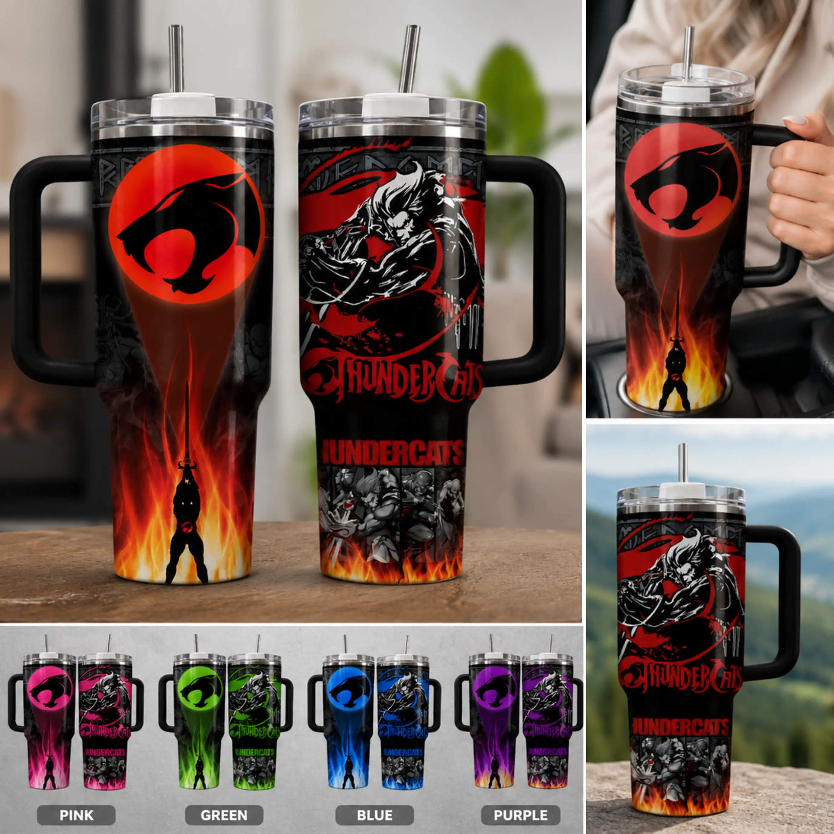Retro Thunder Cats 40oz Travel Mug With Handle, Red Black Warrior Cat Design Stainless Steel Insulated Tumbler Cup With Straw