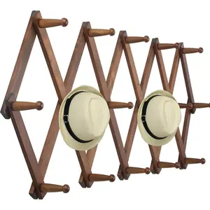 Accordion Wall Hanger, Wooden Coat Rack Wall Mounted, Hat & Cap Hook Rack, 16 Peg Hooks, Walnut Color