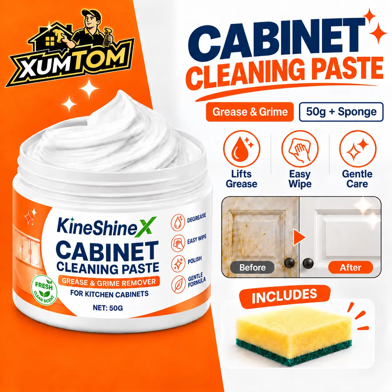 XUMTOM 50g Cabinet Cleaning Paste with Sponge - Kitchen All-Purpose Concentrated Cleaner, Easy-Wipe Surface Cleaner Solution for Home Users, Removes Grease, Grime, Fingerprints, Stains, Freshens Surfaces