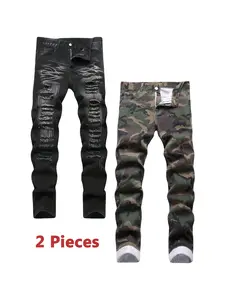 2 Pieces Men's Jeans Black & Camouflage Pattern Fashion Denim Pants Y2k Streetwear Ripped Casual Trouser Pocket Menswear