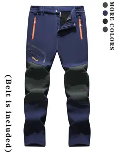 Men's Solid Letter Patched Zipper Pants, Runner Pants, Casual Comfy Waterproof Soft Shell Thermal Lined Trousers for Outdoor Activities, Men's Bottoms for All Seasons, Menswear