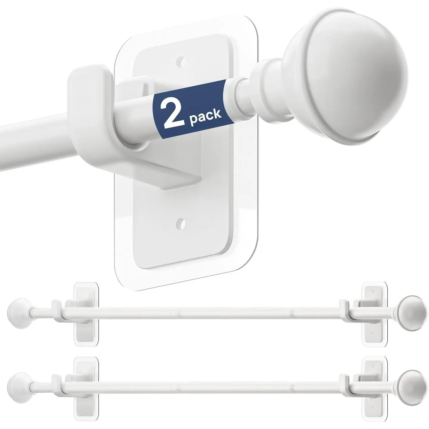 2 Pack No Drill Curtain Rods for Window 28 to 48 Inches, 5/8 Inch Diameter Renter Friendly Drapery Rod with Adhesive Brackets without Drilling, Adjustable from 27 to 52 Inches, White
