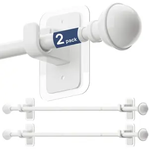 2 Pack No Drill Curtain Rods for Window 28 to 48 Inches, 5/8 Inch Diameter Renter Friendly Drapery Rod with Adhesive Brackets without Drilling, Adjustable from 27 to 52 Inches, White