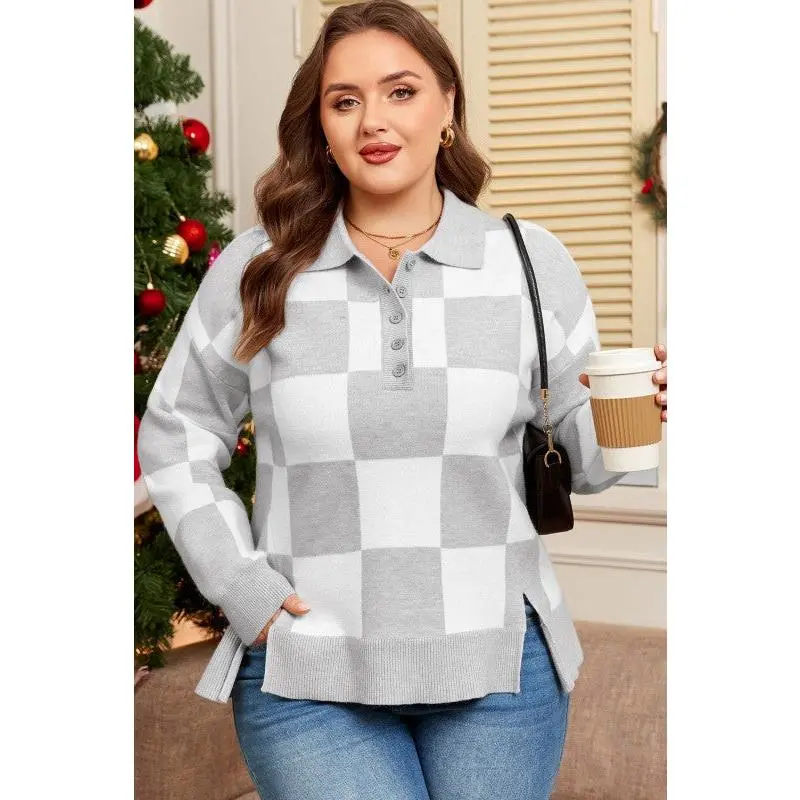 Plus Size Checker Buttoned Polo Collar Sweater