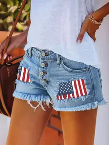 Women's Summer Independence Day Sexy Lightweight Denim Shorts, Frayed Hole Streamer Design, Button Fly, Mid Waist, Casual Fashion