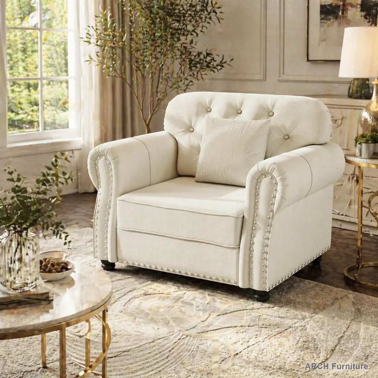 Mid-Century Modern Velvet Upholstered Chesterfield Single-Seater Sofa - Configurable, Durable Sofa Sets with High-Density Fill, Tufted Buttons, Nailhead Trim, Rolled Arms, Included Pillow, Beige White Indoor Living Room Furniture, Configurable Sofa Sets