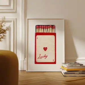 Retro Matchbook Wall Art, Lucky Ace of Hearts Print, Red Matches Poster, Bar Cart Decor, Trendy Matchbox Gift Idea, Anniversary Room Decor, 5 Size, 8x12 to 27x40 inch, Unframed