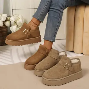 Women's Winter Thermal Thick-Soled Ankle Boots - Solid Brown/Tan/Taupe/ PU Chunky Platform Moccasin-Style Lace-Free Design with Buckle Closure