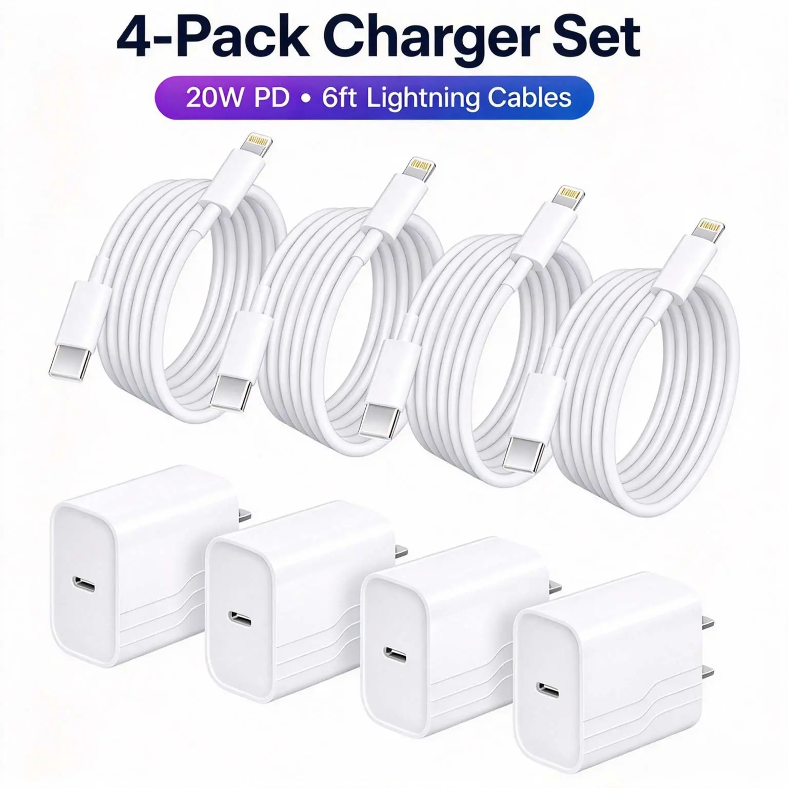4-Set For  Fast Charging Kit | 20W PD USB-C Wall  with 6FT USB-C to Lightning Cable | Compatible with  14 13 12 11 Pro Max XS XR SE AirPods iPad& More high speed cord charge cable usb cable super  type c
