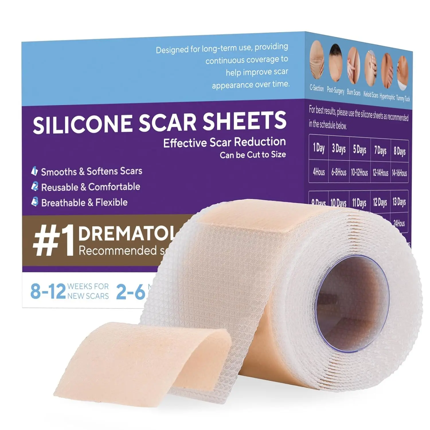Silicone Scar Sheets, 1.5M Silicone Scar Tape Roll, Reusable Silicone Strips for Scar Care, Cuttable Fabric Patch