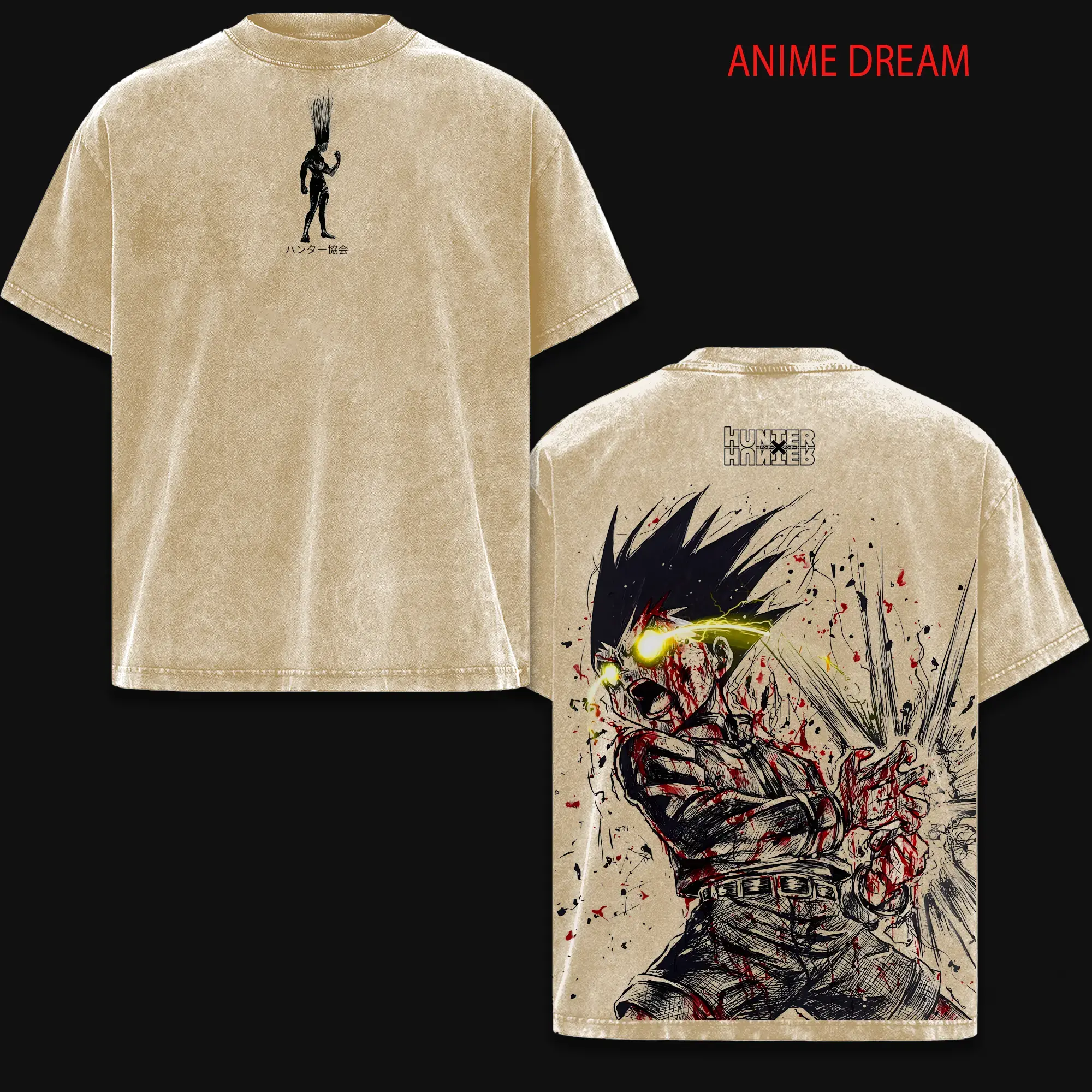 Men's Hunter × Hunter Gon Freecss Apparel, Oversized Round Neck Short-Sleeve Soft Vintage Washed Heavyweight Cotton Double Printed Unisex Anime Manga T-shirt