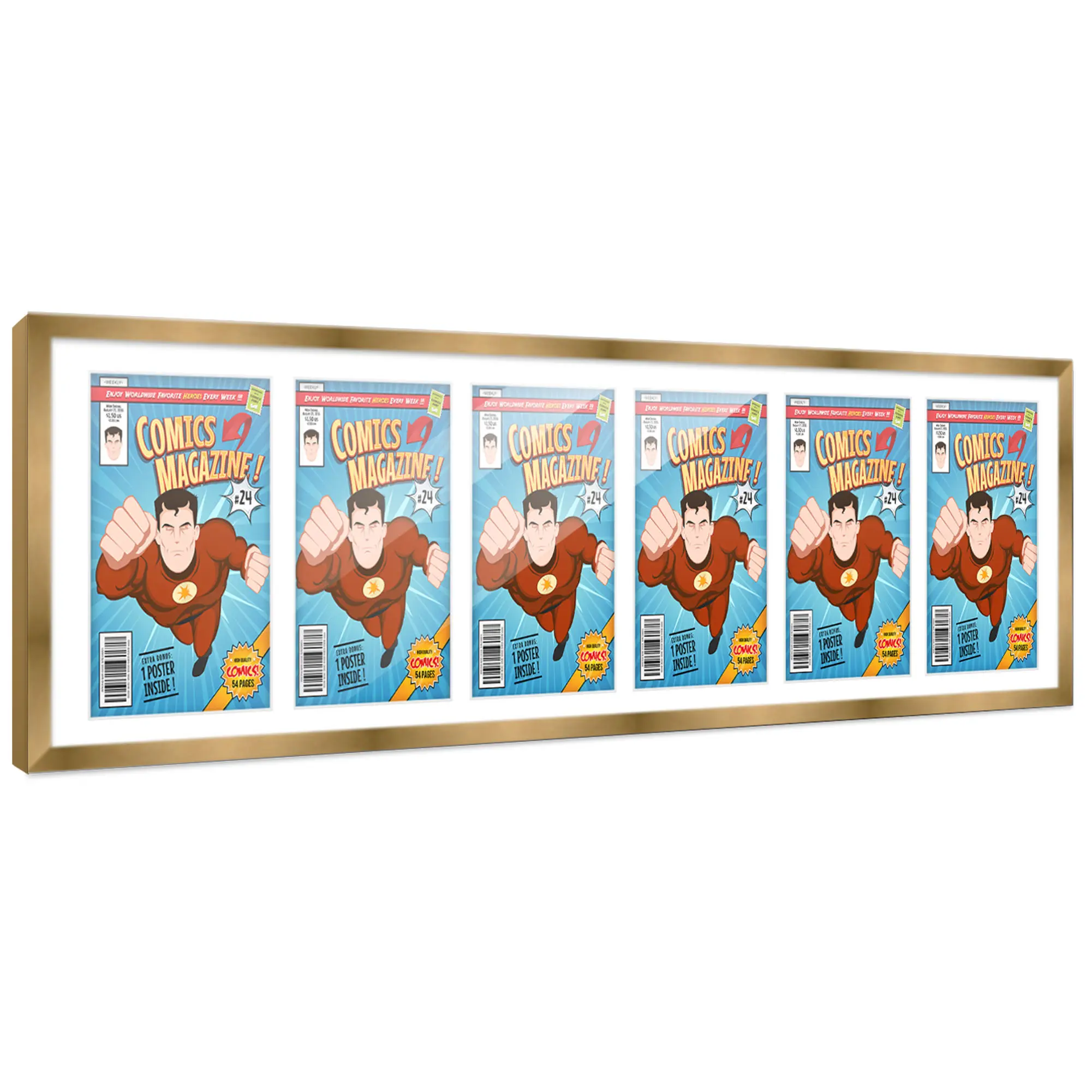 Comic Book Frame with Mat for 6 Current Era Comics Published After 1985 - Bronze Wood Comic Frame With White Mat for 6.875x10.5 Comics - 51x14 Frame Size