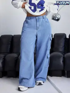 Flvsun-Women's Plus Size Wide Leg Jeans Mid-low Waisted Stretchy Straight Leg Baggy Denim Pants Soft Comfortable Fit Denim Cargo jeans