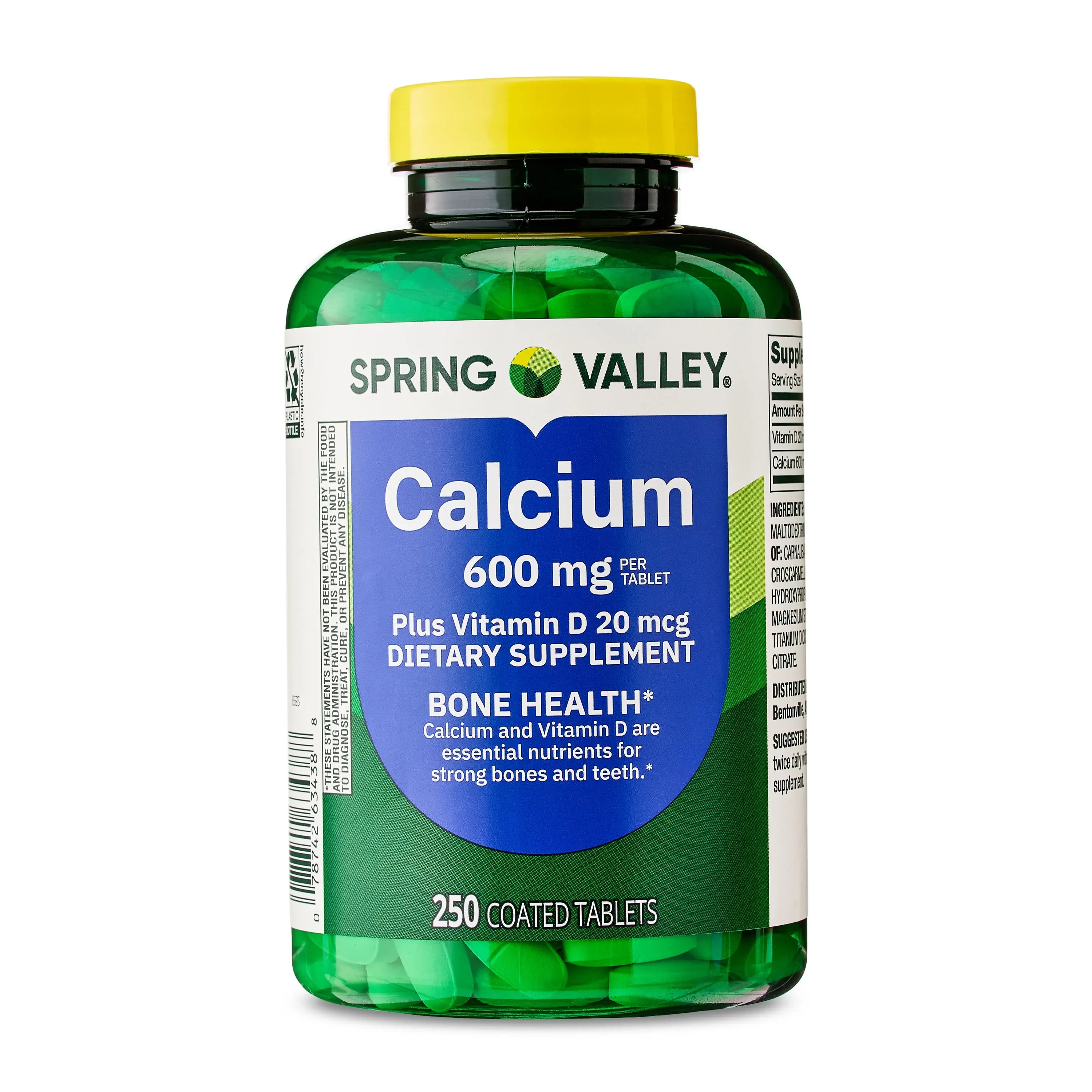 Spring Valley Calcium Plus Vitamin D Tablets 600 mg - 250 Count for Bone & Muscle Support, Essential for Strong Bones, Teeth, and Immune System Health