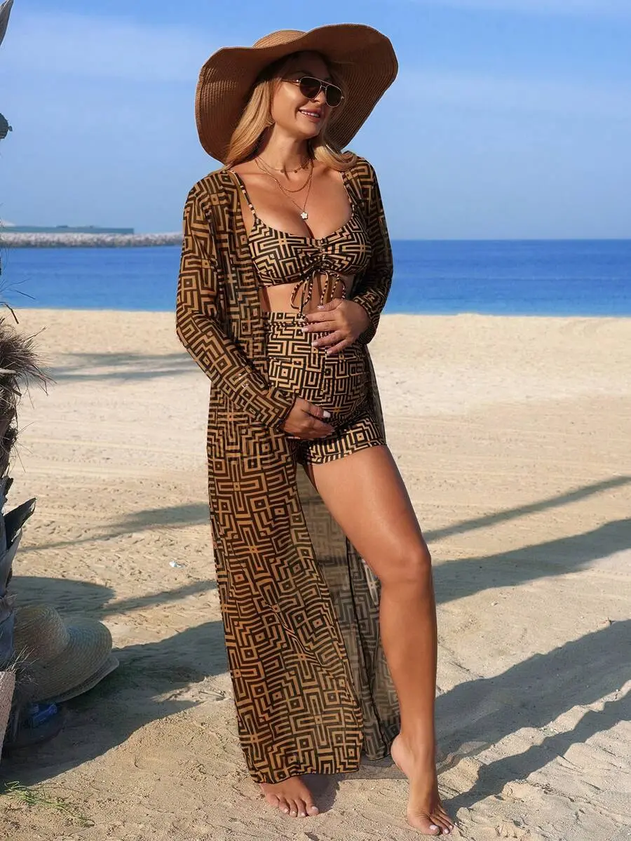 SAMT Pregnant Women Geometric Print Spaghetti Strap Bikini Set with Long Sleeve Cover Up Maternity Beach Vacation Outfit