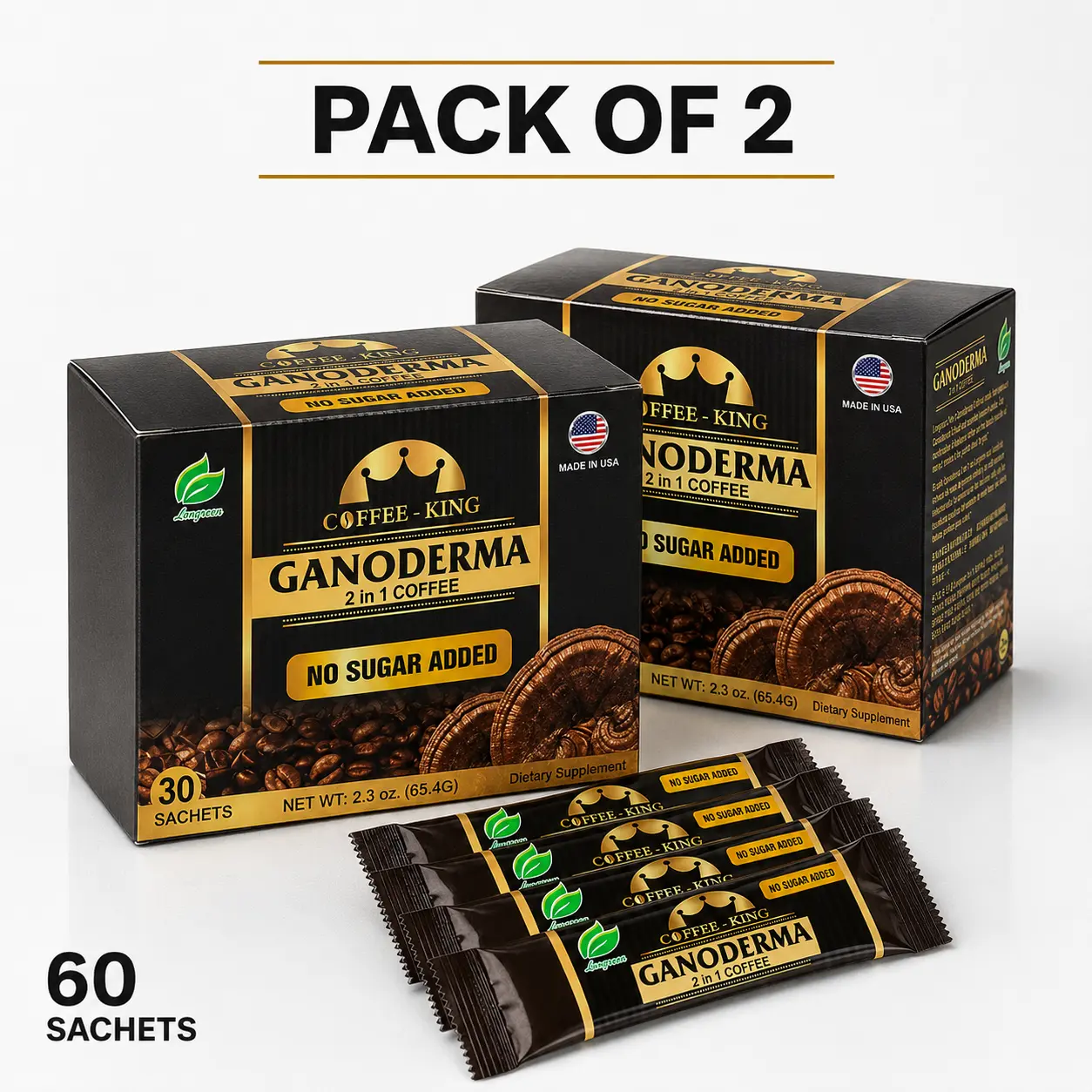 Longreen Coffee King 2-in-1 Ganoderma Reishi Instant Coffee Mix, No Sugar Added, 2-Pack, 60 Individual Sachets, 4.6 oz Total