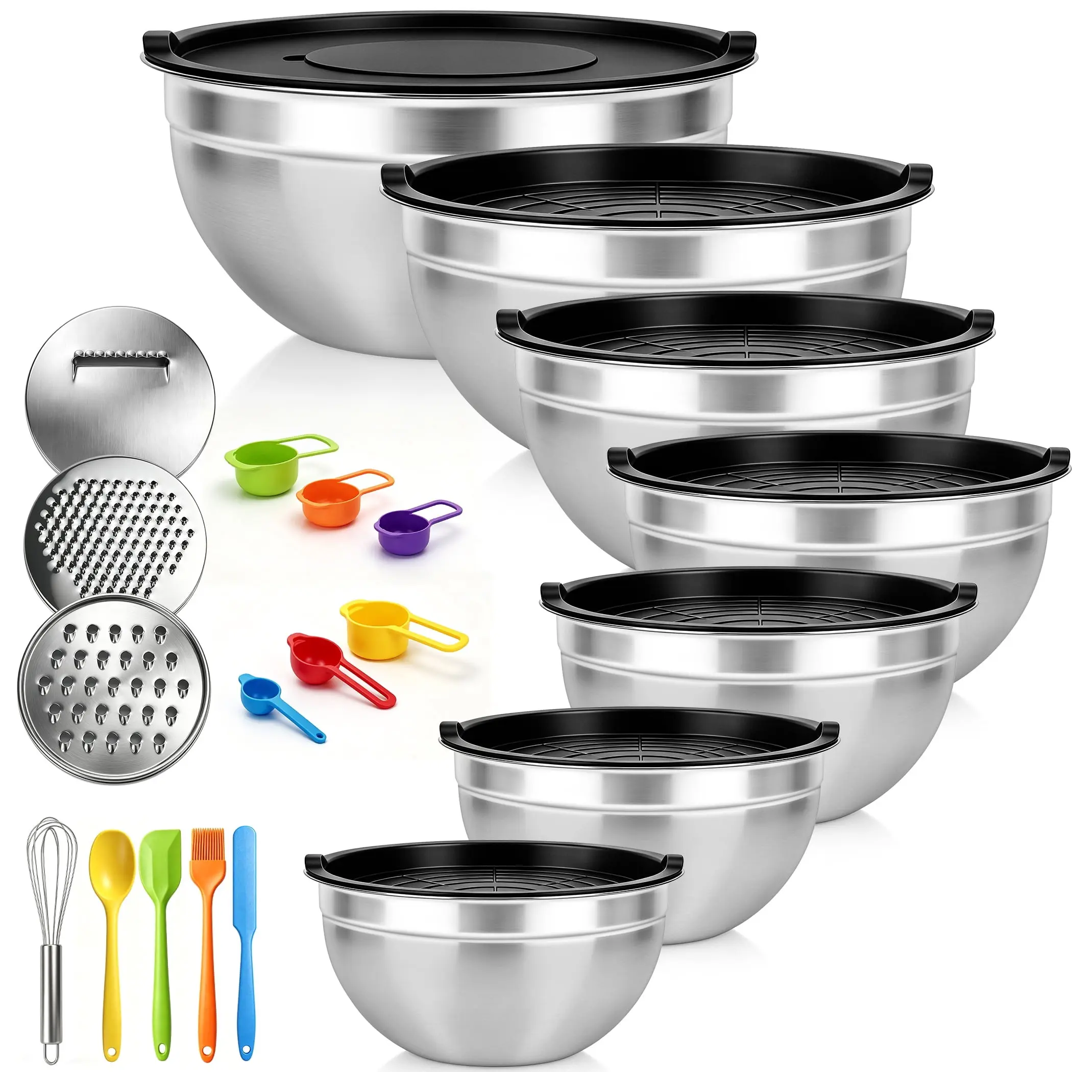 7PCS Stainless Steel Mixing Bowls with Airtight Lids, Nesting Kitchen Bowl Set with 3 Grater Attachments, Measuring Cups & Spoons, Non-Slip Bottom for Baking, Mixing & Food Storage Bowl Stainless