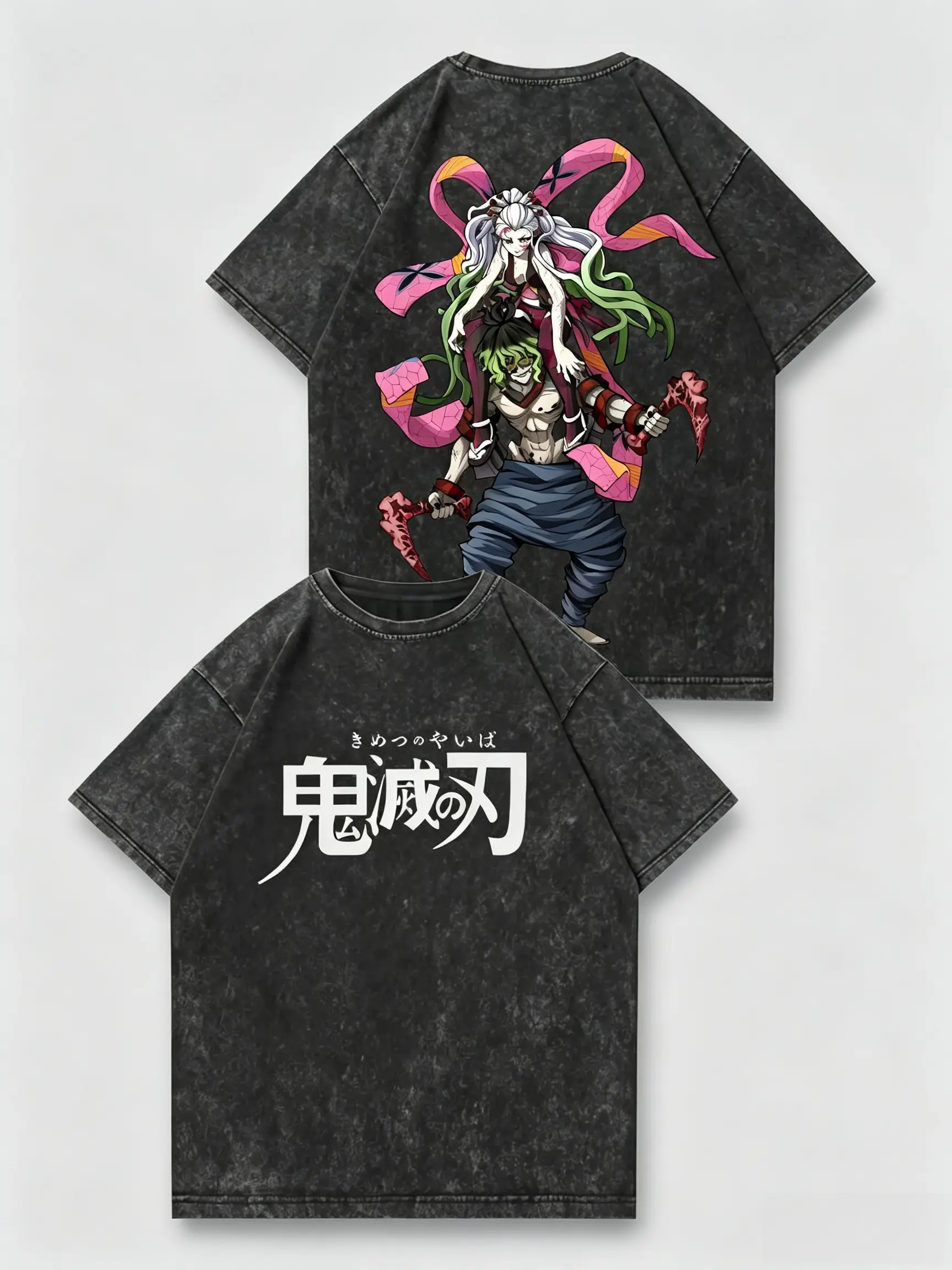Men's Distressed Double-Sided Streetwear T-Shirt - Demon Slayer Gyutaro & Daki Anime Print, Retro Niche Loose Short-Sleeve Top, Activewear Sportswear Athletic Menswear, Shortsleeve Black Crewneck