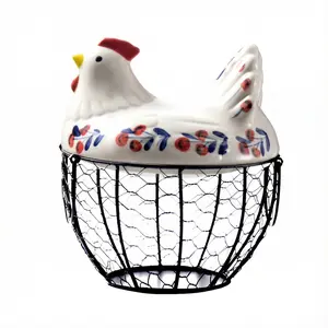 Chicken Egg Basket, Black Wire Egg Collection Baskes with Ceramic Lid for Gathering Fresh Eggs, Chicken Egg Holder, Decorative Farmhouse Cute Eggs Storage Container for Kitchen, Countertop Easter decorations Home Organizer
