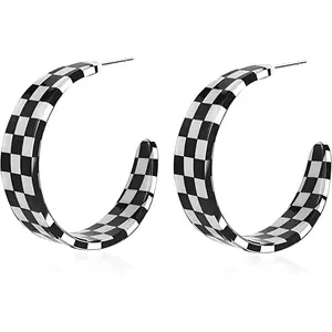 Checkered Big Grid C Shape Hoop Earrings Colorful Chunky Shape Trendy Earrings Cute Candy   Earrings  for Women
