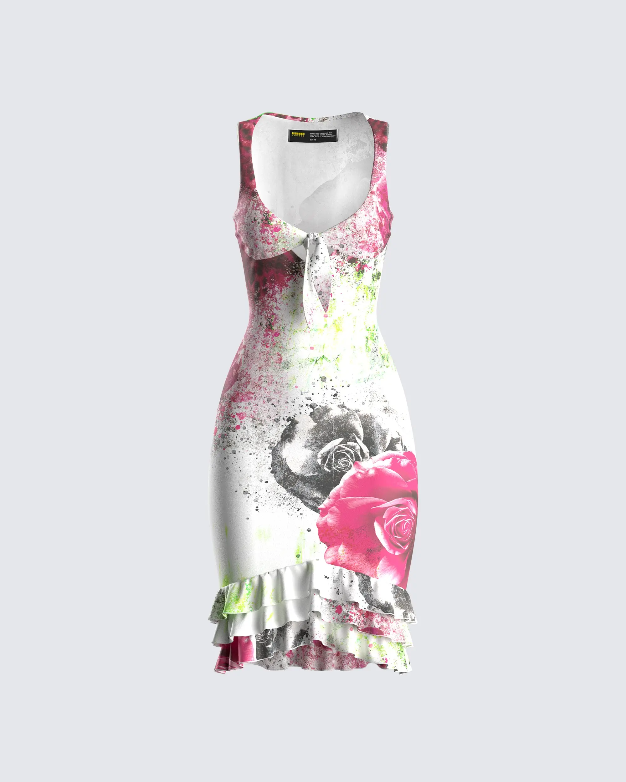 Women's Casual Clothes - Red Paint Splatter Spandex Bodycon Midi Dress with Asymmetric Ruffled Hem & Sweetheart Keyhole Tie, Floral Splash