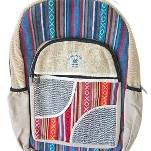 Handmade Boho Patchwork Backpack with Colorful Striped Design and Front Pockets
