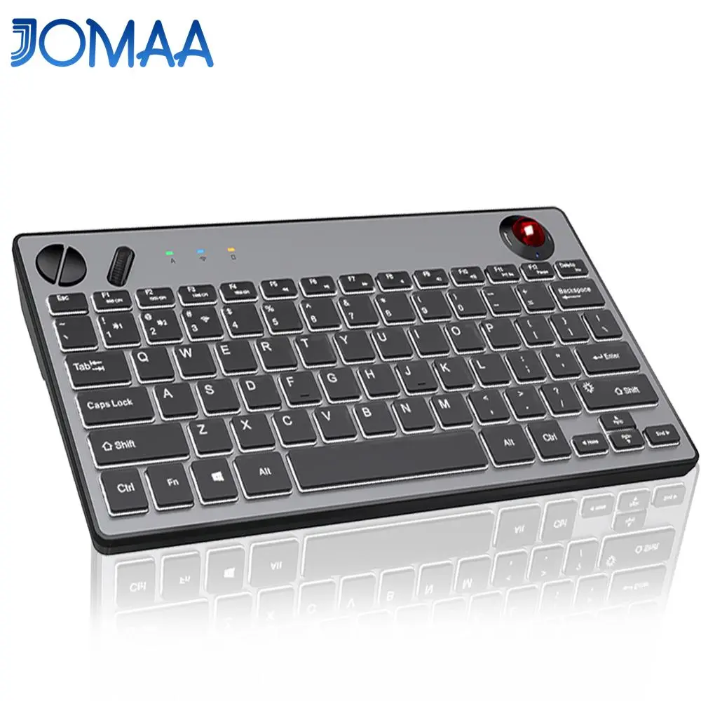 JOMAA Tri-Mode Wireless Backlit Trackball Keyboard with 1600dpi Trackball Air Mouse, USB Wired Bluetooth Connectivity, Auto Sleep, Power Switch, USB-C Rechargeable for TV, Laptop