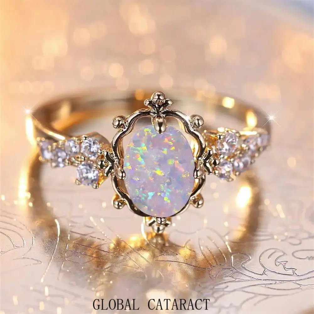 GLOBAL  FASHION - White Fire Opal Oval Stone Flower Rings For Women Vintage Gold Color Bridal Wedding Ring Birthstone Jewelry Engagement Band Gift