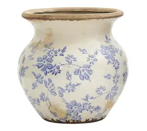 Nearly Natural 7" Tuscan Ceramic Blue Scroll Urn Vase