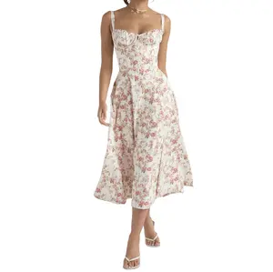 CHARTOU Women's Sleeveless Thin Shoulder Strap Medium length Dress Sleeveless Square Neck Fishbone Waist Elegant Dress