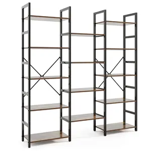 COSTWAY - 5-tier Triple Wide Heavy-duty Metal Frame Industrial Bookshelf-Rustic Brown