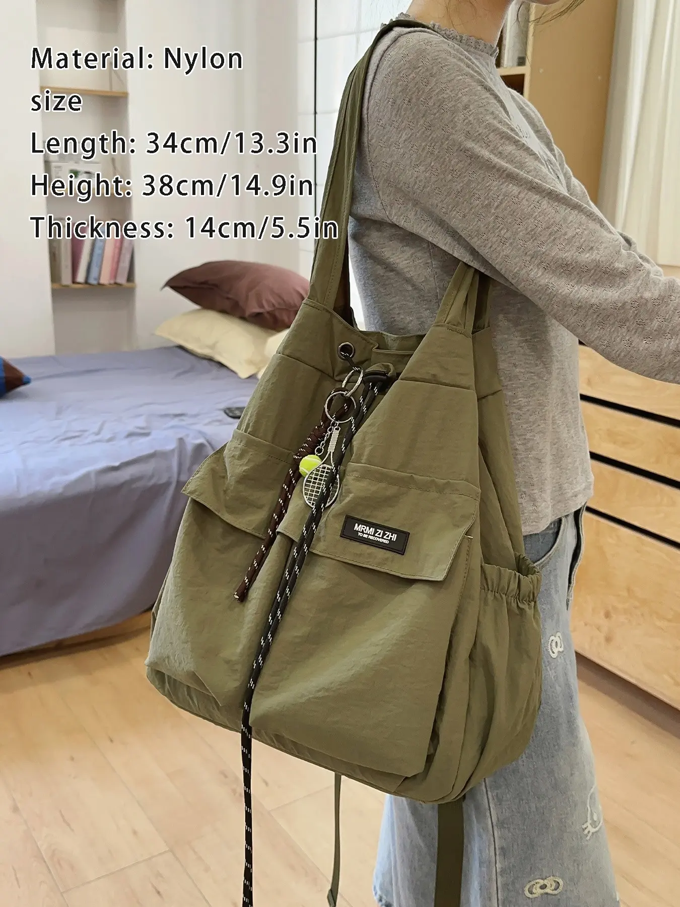 1pc Nylon drawstring shoulder tote bag, Everyday shoulder bag, women's multi pocket 2-in-1 bag, multi back large capacity with tennis racket hanging accessory, casual daily carry on bag, Daily Commute Bag, suitable for commuting, travel, shopping