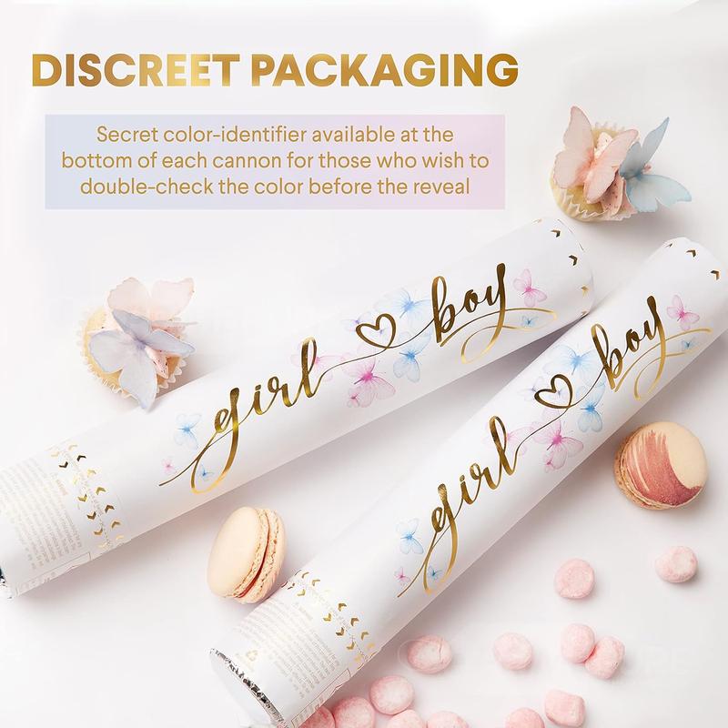 Gender Reveal Confetti Cannon - Biodegradable Powder & Butterfly Shaped Confetti Poppers - Pink 4 Pack - Baby Girl Gender Reveal Smoke Bomb Party Poppers