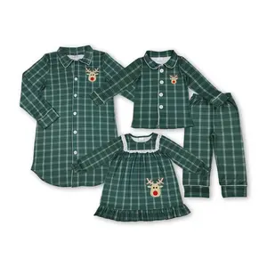 Family Christmas Pajamas Deer Embroidery Christmas Gift Women Girl Dress Boy Pajamas Set