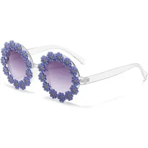 Round Flower Sunglasses for Women Flower Shaped Cute Glasses UV 400 Protection Daisy glasses for Holiday beach