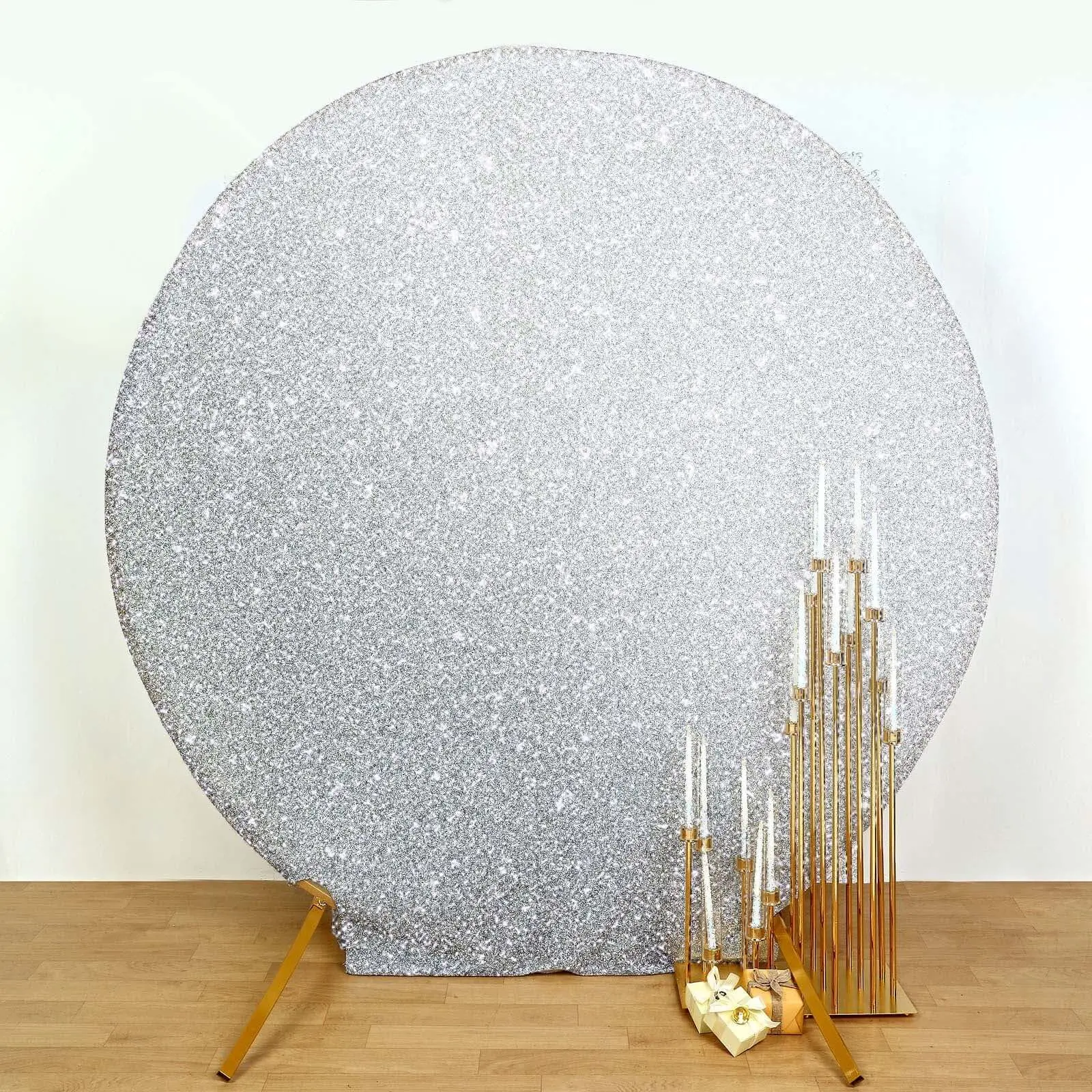 7.5ft Silver Metallic Shimmer Tinsel Spandex Backdrop - 2-Sided Round Wedding Arch Cover, Birthday Party Photo Backdrop for Festive Home Supplies, Birthday Party Backdrop