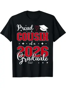 1Boys' Class of 2026 Proud Cousin Graduation T-Shirt - Short Sleeve Crew Neck Casual Tee Suitable for Daily Wear & Holiday Gifts, Machine Washable for, Graduation Outfits for