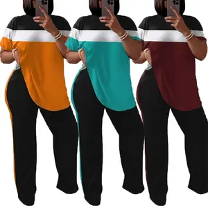 Women’s Plus Size Color Block 2 Piece Lounge Set Casual Outfit Crew Neck Short Sleeve Top and Straight Leg Pants Soft Stretch Knit Fabric Breathable Lightweight Comfortable Relaxed Fit Perfect for Summer Travel Home Wear and Everyday Fashion