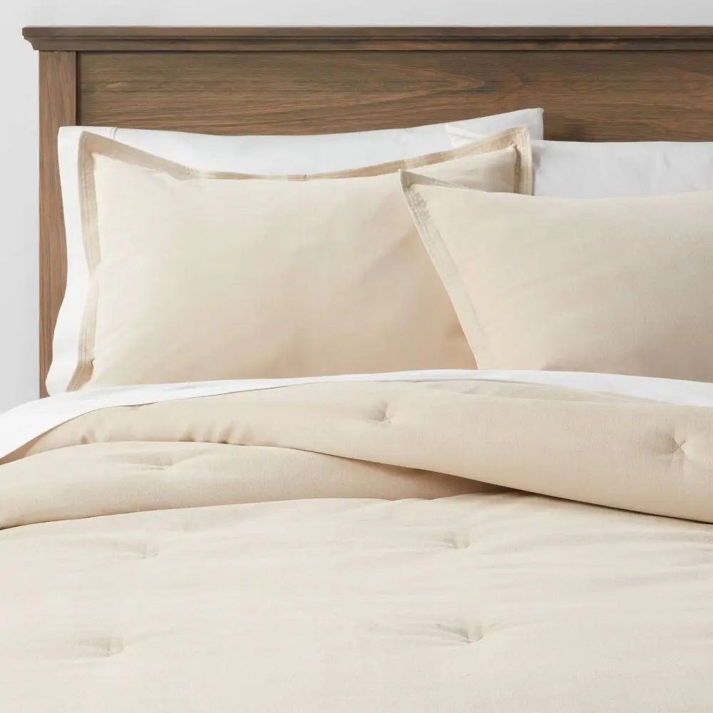 3pc Full/Queen Velvet Comforter and Sham Set Khaki - Threshold: OEKO-TEX Certified Machine Washable