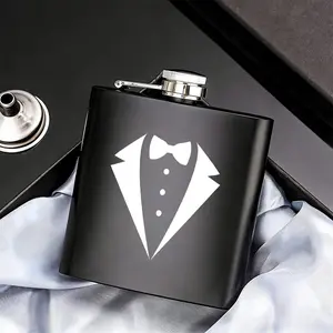 Retro 6oz Stainless Steel Hip Flask,Tuxedo Black Pocket Flask, Leakproof Portable Travel Flask for Whiskey, Bourbon & Liquor, Reusable Compact Drinking Flask, Perfect Groomsmen Gift for Weddings, Bachelor Parties & Formal Events, Ideal for Men & Grooms