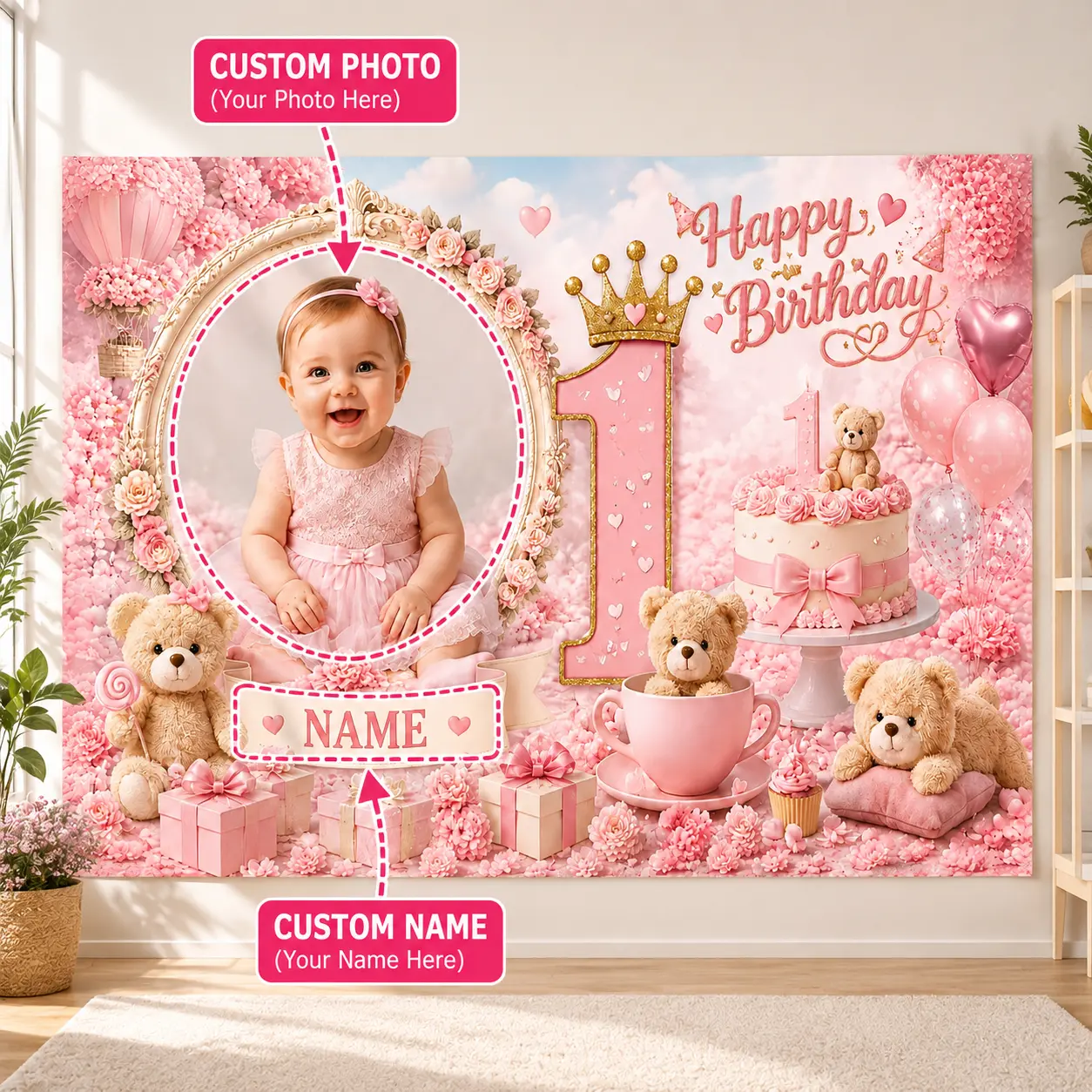 Custom Photo Name 1st Birthday Backdrop for Baby Girl Party