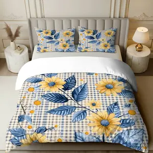 3PCS Duvet Cover Set, 1 Duvet+2 Pillowcases(Without filler), Floral Checkered Blue Yellow theme, Spring bedding set, Sunflower Gingham Pattern Suitable for decoration Bedroom Living Room Guest Room Apartment.