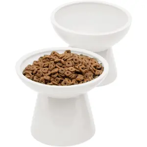 2 Elevated Ceramic  Bowls Extra Wide for  & Water - Whisker  Shallow  Dish, Lead & Cadmium-Free, Raised Height for Cats and Dogs, Two Different Depth Bowls, White