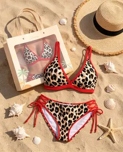 Leopard Print Red Trim Lace Up Two Piece Bikini Set  Women's Swimsuit