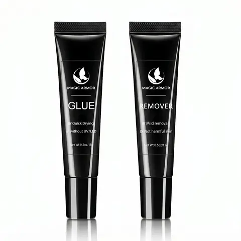 MAGIC ARMOR Basic Gel Nail Glue & Manicure Remover Kit - 0.5oz/15g Semi-Solid Gel Nail Glue, 0.5oz/15g Easy-Remove Remover (2 Tubes), Fast-Drying Strong-Hold Adhesive, No UV Needed, Ideal for Press Ons, Acrylic Tips at Home