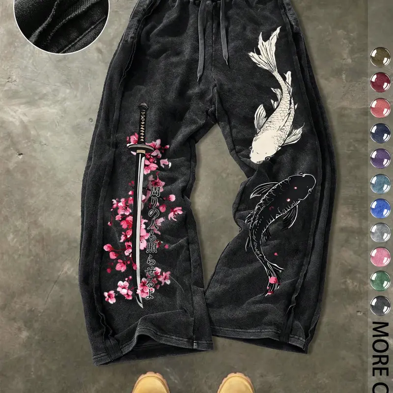 Men's Casual Loose Sport Pants Graphic Print, Drawstring Waist, Long Regular Fit, Street Style, Ideal for Daily Wear, Casual Sports Trousers