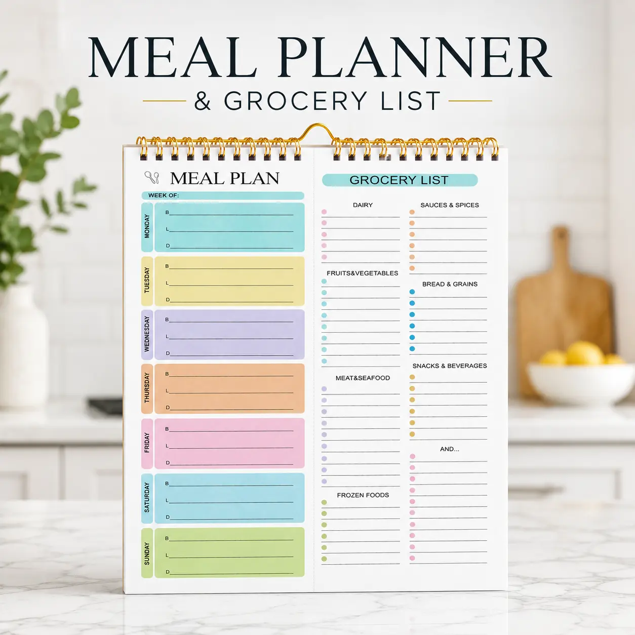 Magnetic Weekly Meal Planner Pad - Rectangular 6x8.5in Spiral Bound Thick Paper Notepad with Meal+Grocery List, Weeks Planner, Large Space for Daily Meal Planning, Fridge Calendar, 50 Sheets Kitchen Home Organizer