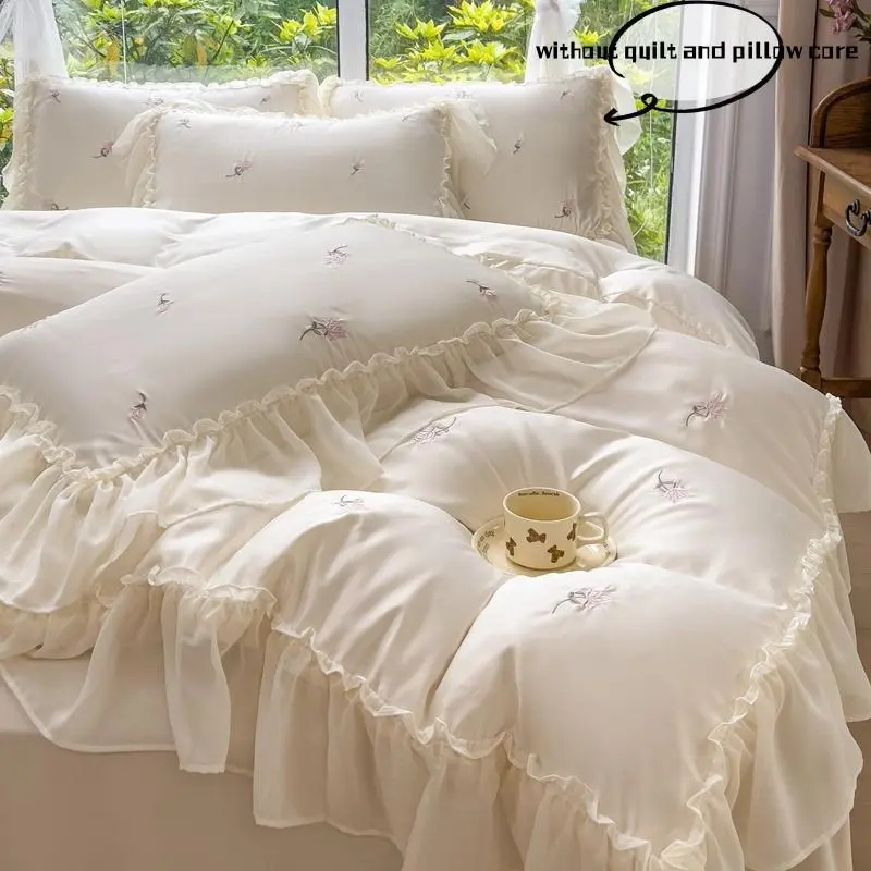Rose Embroidery Bedding Set, 3 Counts/set Including 1 Count Bedspread & 2 Counts Pillowcase without Filler, Soft Comfortable Bedding Set for Bedroom, Bed Sets Supplies, Duvet Cover Sets, Bedset