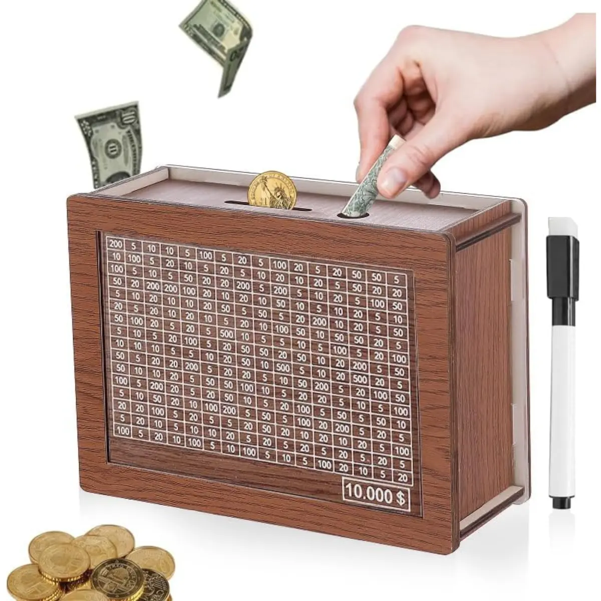 10000 Savings Challenge Savings Box, Cash Vault Portable Wooden Money Target Box, Wooden Piggy Bank Coin Bank with Counting Target, The Best Gift for Boys, Girls, and Friends (Light Brown) cash vault wooden saving box